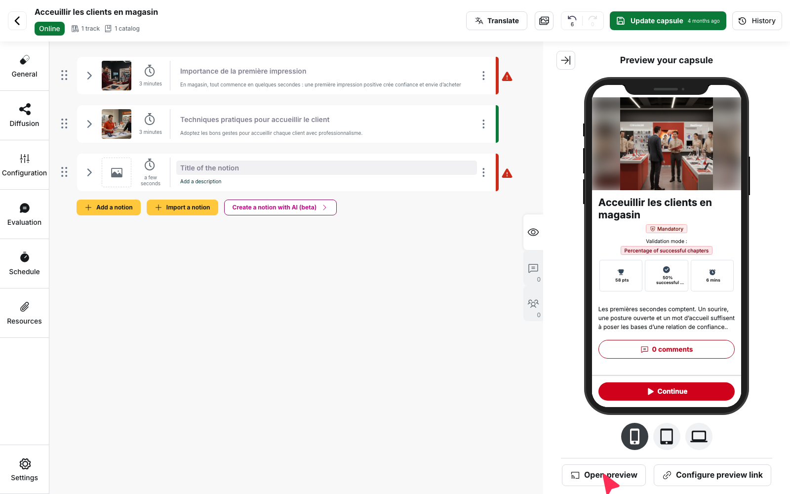 Capsule editor: the "Preview your capsule" panel on the right and the "Open preview" button