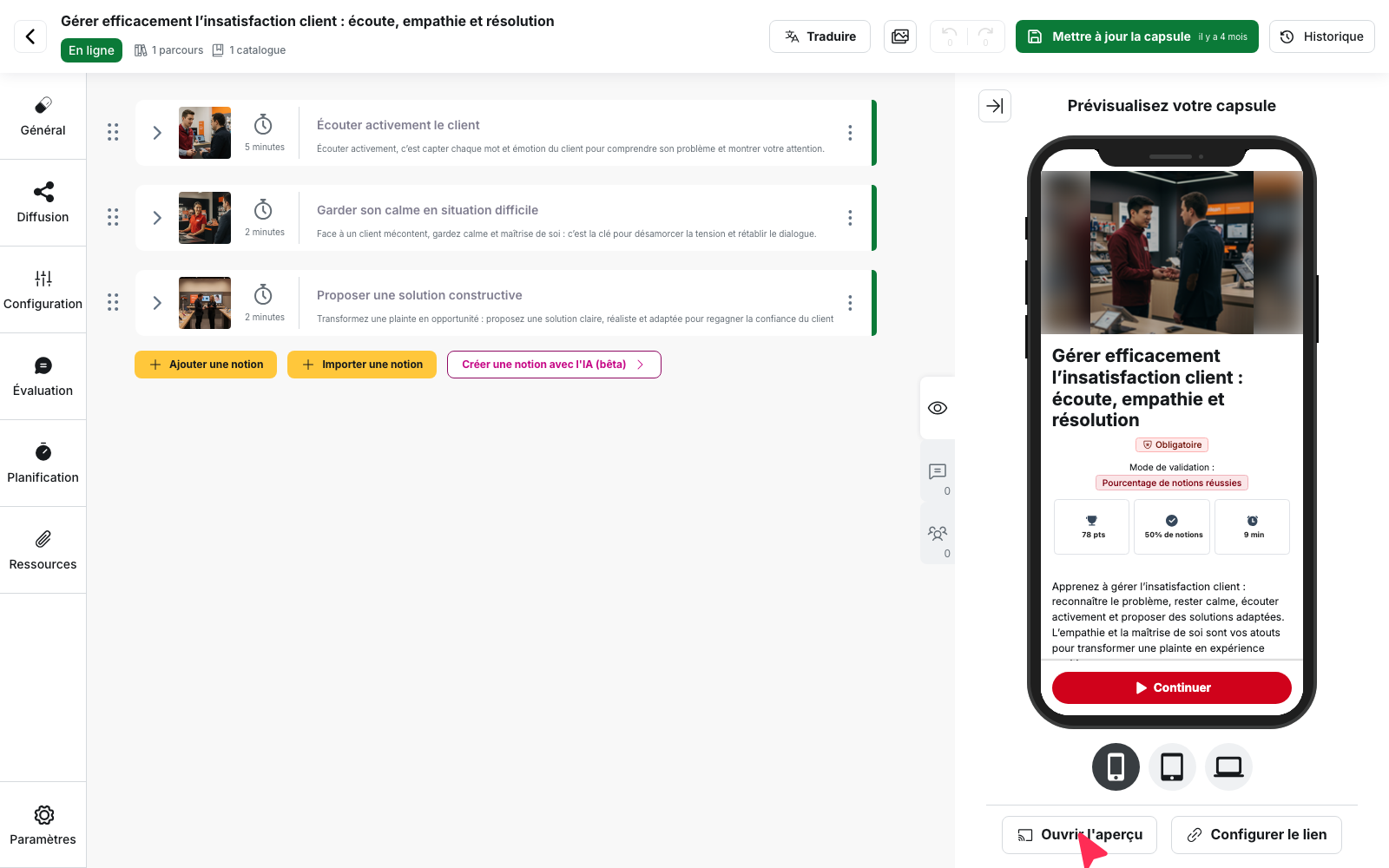 Éditeur de capsule : le panneau « Prévisualisez votre capsule » à droite et le bouton « Ouvrir l’aperçu »