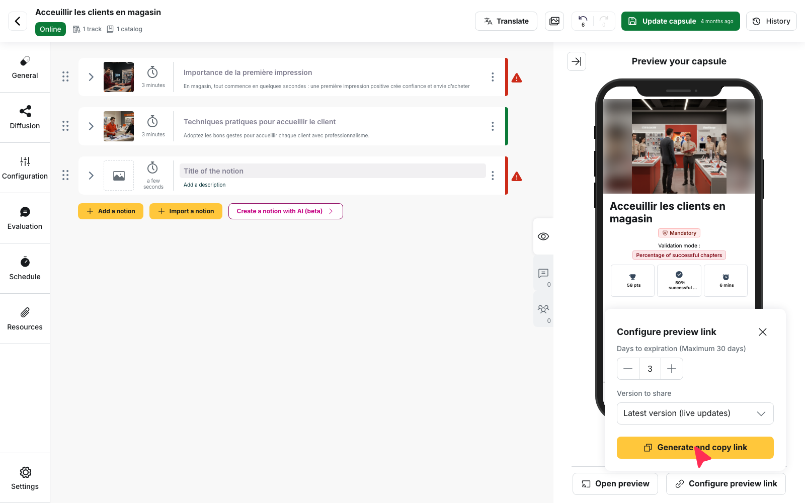 Capsule editor: the "Configure preview link" window with the duration, the version to share and the "Generate and copy link" button