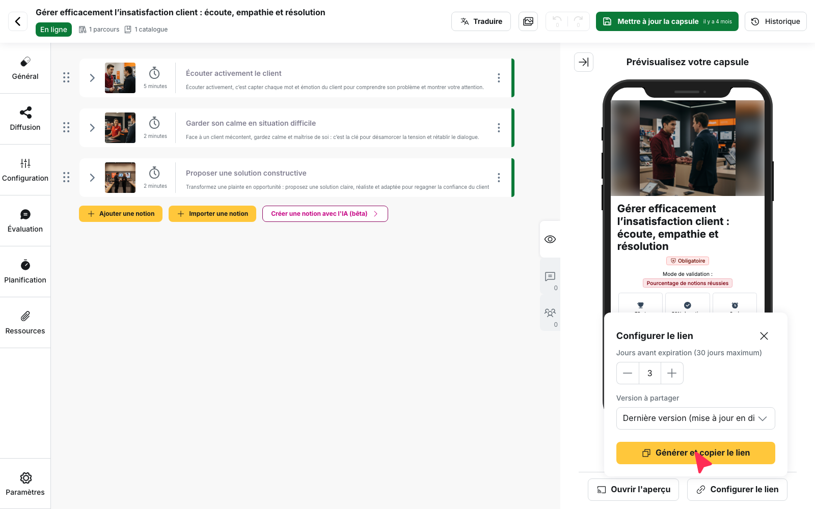 Éditeur de capsule : la fenêtre « Configurer le lien » avec la durée, la version à partager et le bouton « Générer et copier le lien »