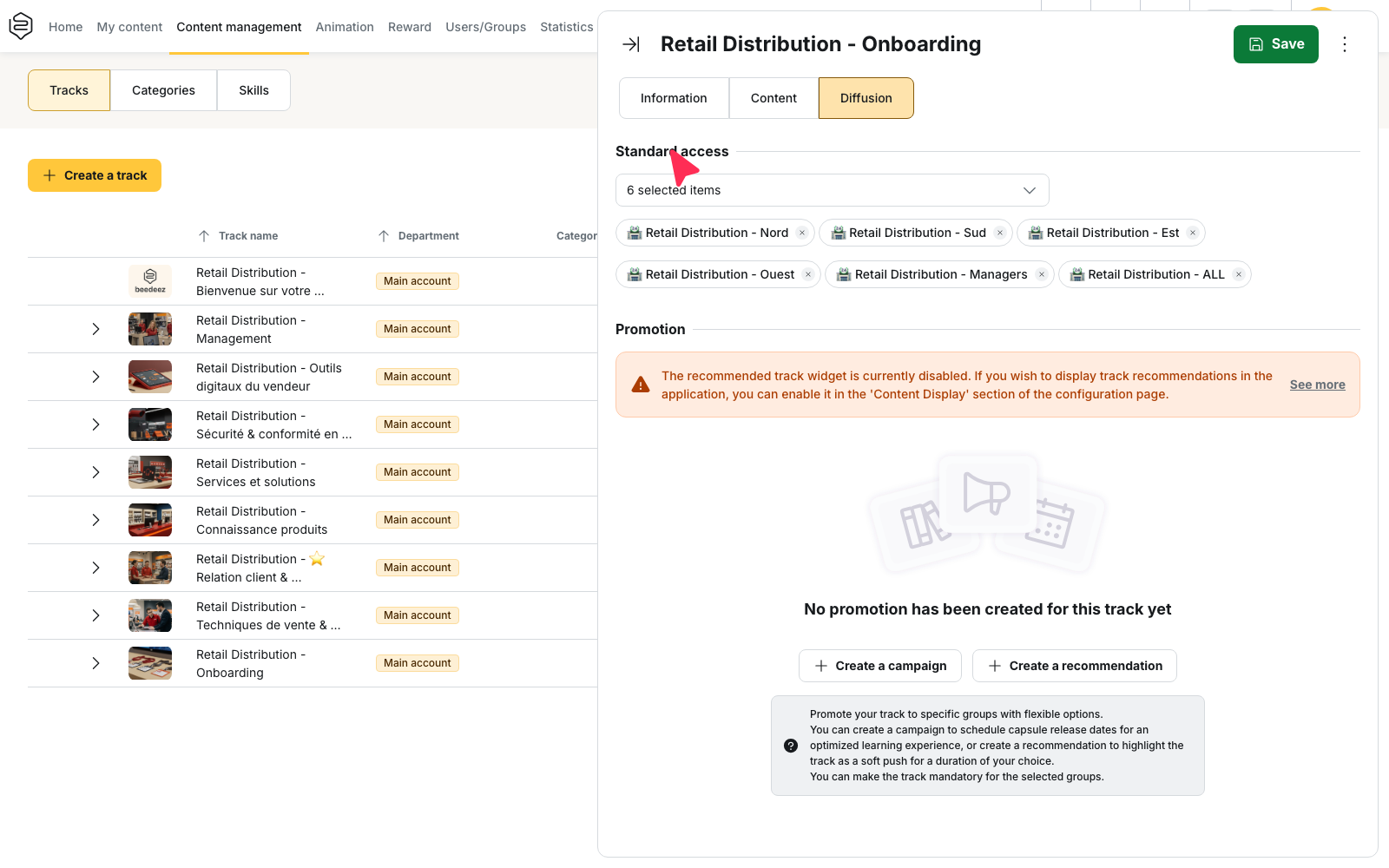 Content management > Tracks: a track's "Diffusion" tab and the "Standard access" field where you choose the groups