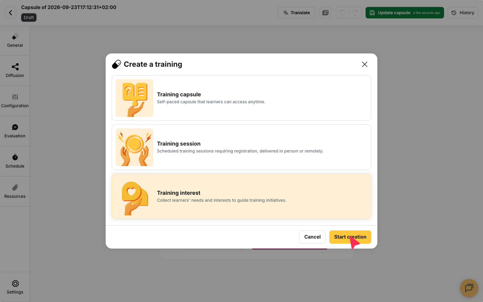 The Create a training dialog with the Training interest card selected and the Start creation button