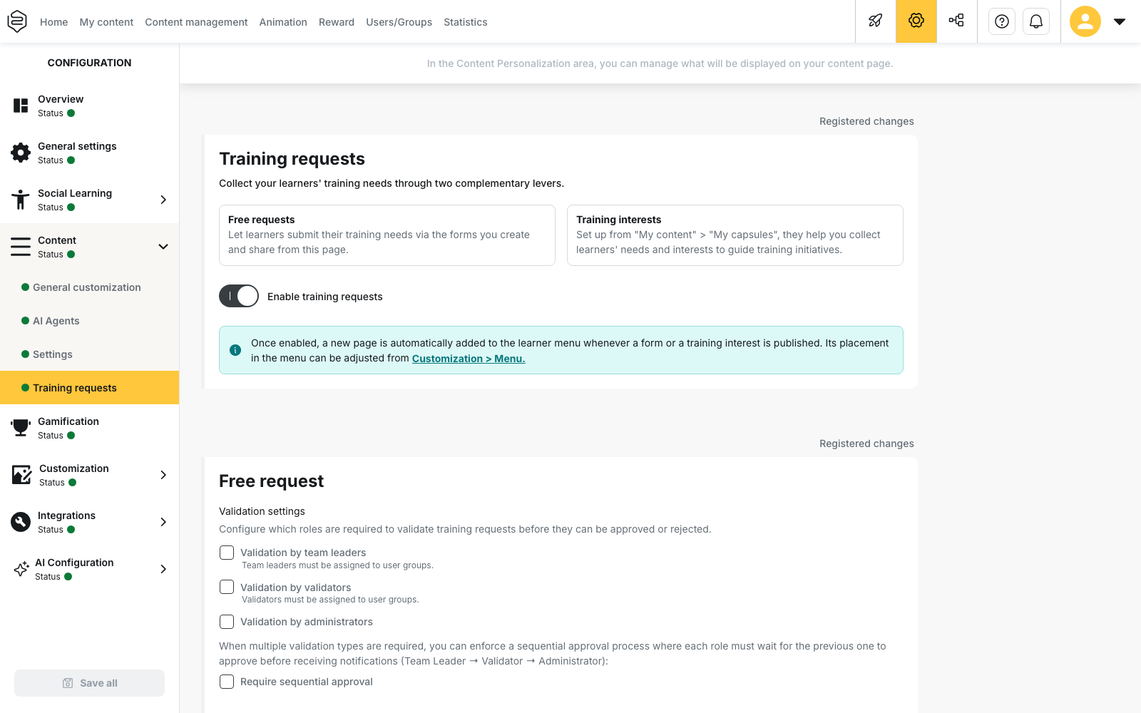 Configuration › Content › Training requests: the Training interests card and the Enable training requests option