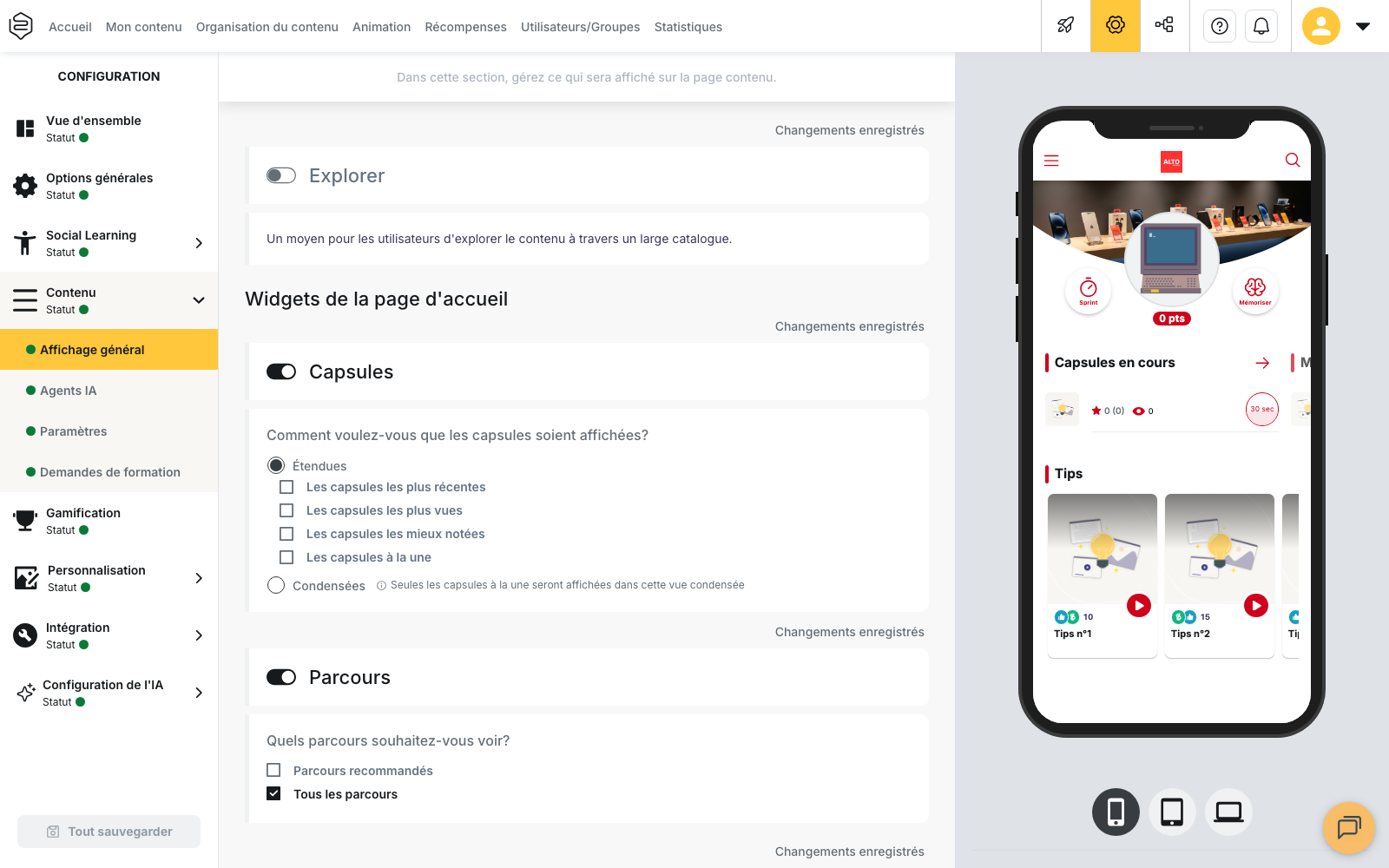 Configuration › Contenu › Affichage général : le bloc « Widgets de la page d'accueil » avec l'aperçu mobile